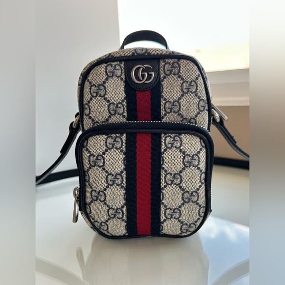 SOLD!Gucci GG Supreme Logo Monogram Navy Leather Trim Ophidia Mini Crossbody Bag - Picture 11 of 13